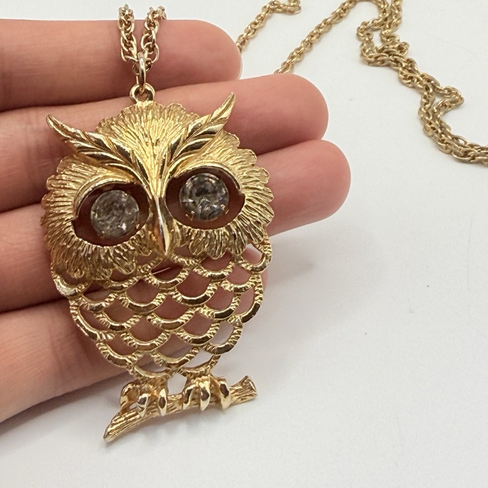 Vintage Retro Gold Tone Owl Pendant Necklace Clear Rhinestone Eyes 24"
